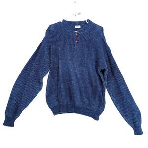 Vtg Tobruk Men's L Navy Blue Sweater 2 Leather Buttons Drop Shoulder Cable Knit